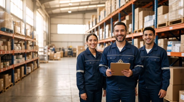 Team of three smiling warehouse workers looking at camera. Group of professional logistics employees in blue uniforms standing in distribution center. Inventory management and teamwork concept