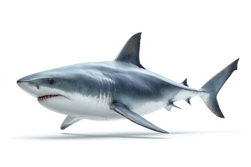 Fototapeta premium Great white shark side view, isolated on white background