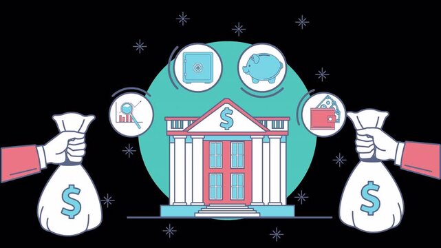 Flat vector illustration of hands holding money bags in front of a bank building symbol