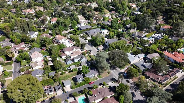Aerial Drone Flyover Residential Neighborhood; Sherman Oaks, Southern California; USA 