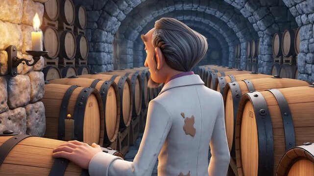 Animated old man inspecting rows of oak barrels in a dim stone wine cellar for winemaking tradition concept and quality control