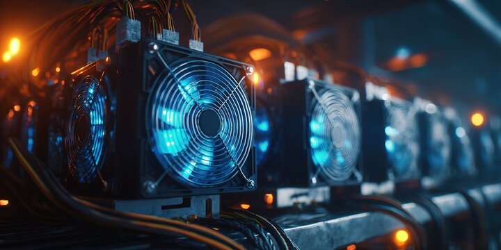 Row of powerful cooling fans on a cryptocurrency mining rig