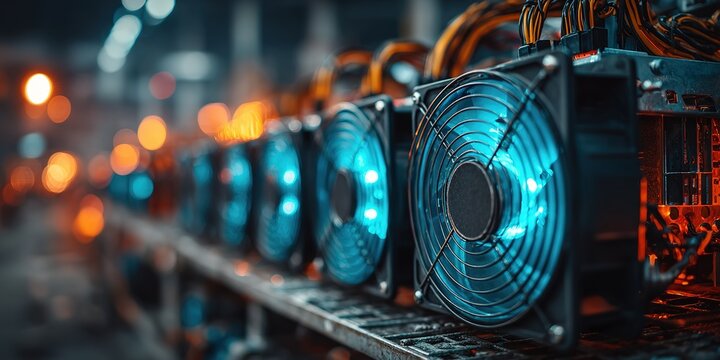 Row of powerful cooling fans on a cryptocurrency mining rig