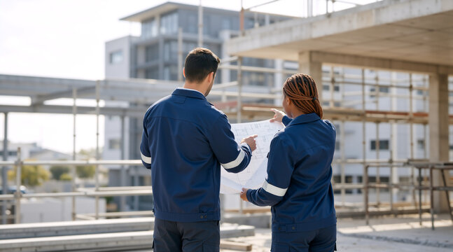 Two construction workers discussing a blueprint on an active building site. Male and female engineers in blue uniforms planning a commercial development project. Teamwork and collaboration concept