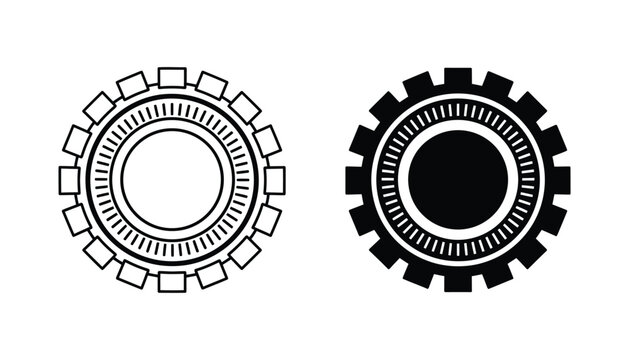 Mechanical gear cogwheel vector illustration with intricate inner details and teeth in both outline and solid black silhouette versions for industrial technology or engineering concepts