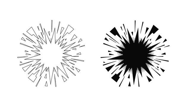 Comic style explosion burst vector illustration with halftone dot texture in both outline and solid black silhouette styles for action graphics and speech bubble designs