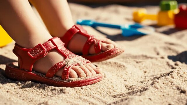 Little child's feet wearing red sandals covered in sand while playing in a sunny sandbox for carefree summer vacation concept and outdoor leisure