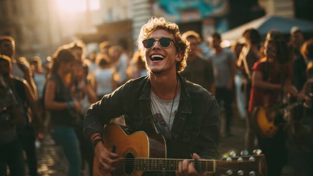 Young Man Playing Guitar in Street Festival