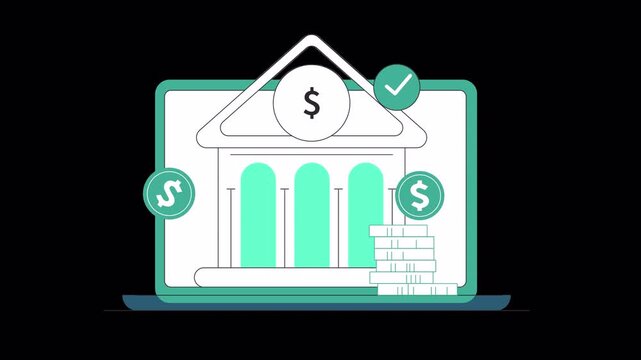 Minimalist digital banking concept with a laptop screen displaying a bank building and coin stacks