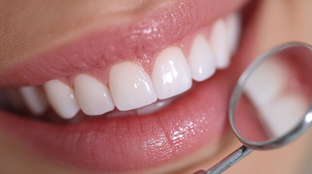 Close-up of perfect white teeth smile with dental inspection mirror