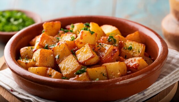 crispy patatas bravas golden brown potato cubes served in a rustic clay dish