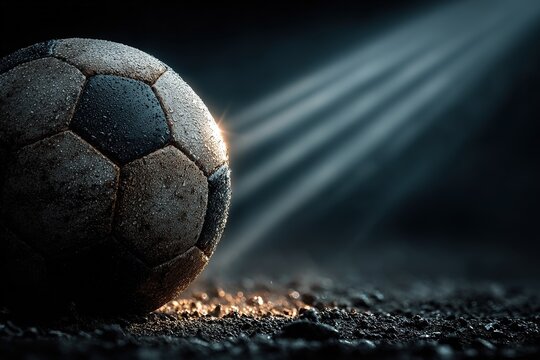 Dramatic soccer ball in spotlight on dark background, sports competition concept