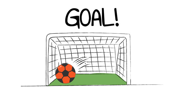 Minimalist illustration of a soccer ball hitting the net with Goal text above, capturing the excitement and energy of scoring in football. Clean and playful vector art.
