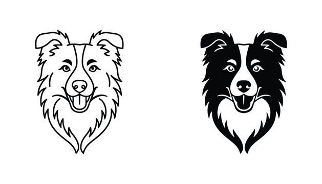 Border collie dog head portrait vector illustration with friendly expression in both outline and solid black silhouette styles for pet branding or veterinary logo concepts