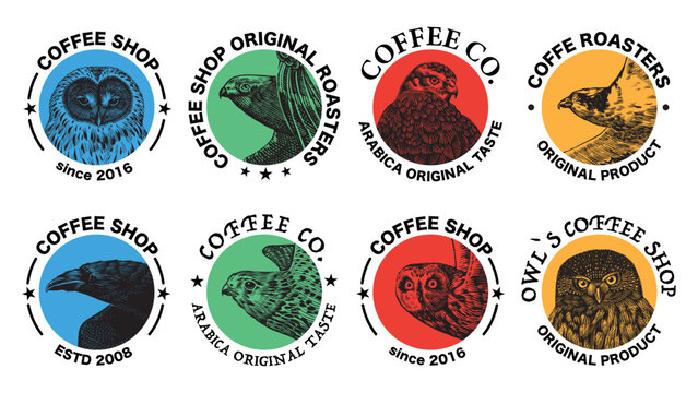 Hand drawn logo or emblem ideas for your coffee shop or branding. Birds in circles. Goshawk, Great grey, Ural tawny owl, kestrel and osprey.