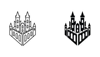 Isometric castle fortress vector illustration featuring tall towers and defensive walls in both outline and solid black silhouette styles for fantasy gaming or architectural concepts © TARU STOCKPLC