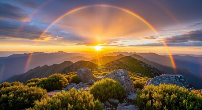 Magnificent sunrise over mountain peaks with vibrant double rainbow in sky.