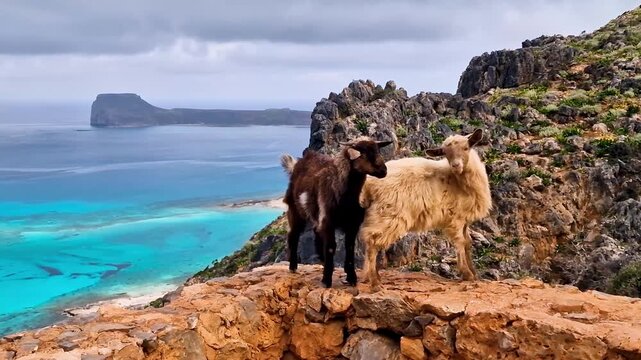 Close up of wild Cretan baby goats in iconic Balos Lagoon, Greece. Funny mountain goats posing for camera with scenic turquoise bay view. Chania Crete nature and wildlife, 4k handheld video.