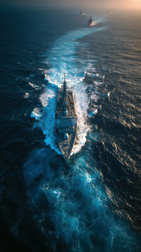 Naval Ships Navigate Through Open Waters at Dawn With Trails of Foam Behind
