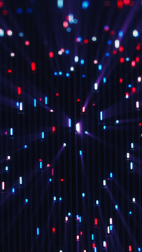 Red, blue and white glowing light points suspended in dark space, suggesting digital data flow, network connections and futuristic communication