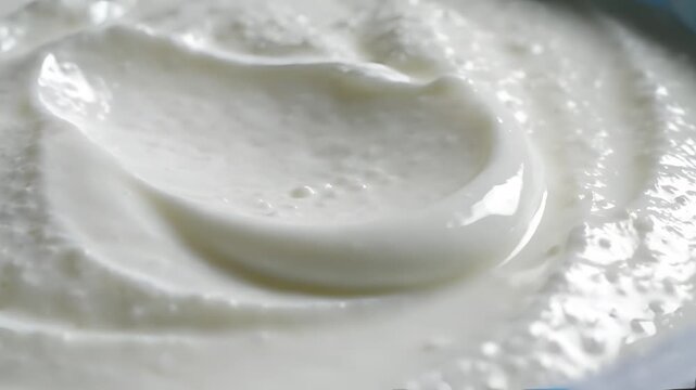Close up of creamy white yogurt texture swirling in a bowl.