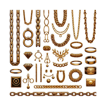 Mega Gold Jewelry Design Collection Chains Rings and Gems Vector Illustration