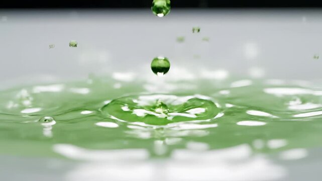 Closeup Macro Shot of Green Liquid Droplets Falling and Splashing.