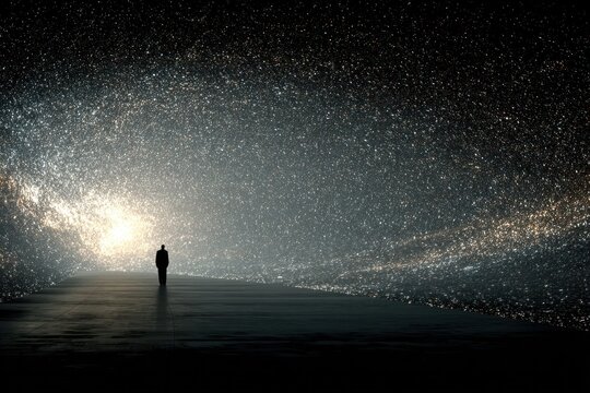 Solitary figure gazing at a starlit expanse