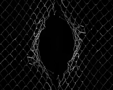 Opening in metallic net fence. isolated on black dark background. Challenge. uncertainty. breakthrough concept. freedom concept. Chainlink, wire netting, wire-mesh. illustration.