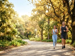 Obraz premium Friends Jogging in Park at Golden Hour, Outdoor Fitness and Healthy Lifestyle Concept