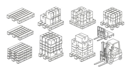 Isometric illustration of pallets boxes and a forklift in a black and white line drawing © Topon