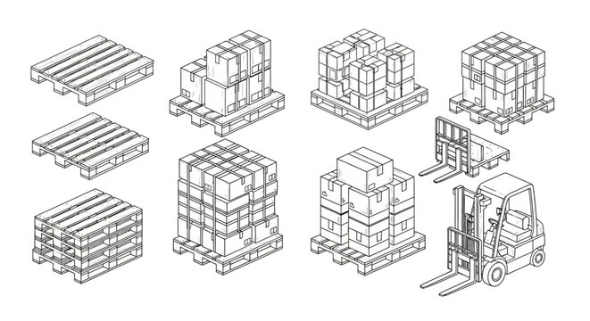 Isometric illustration of pallets boxes and a forklift in a black and white line drawing