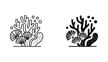 Underwater coral reef scene with fan corals and bubbles in black and white line art and silhouette styles for marine life and ocean conservation graphic design © TARU STOCKPLC