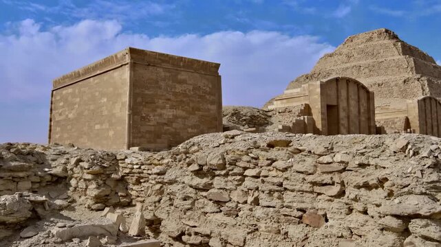 Saqqara necropolis, Egypt, with Step Pyramid of Djoser rising above excavated ruins, collapsed walls and ancient stone blocks in arid desert landscape.
