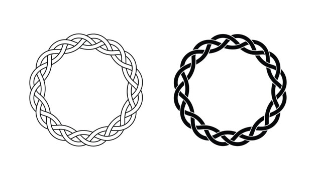 Circular celtic knot vector design showing intricate braided rope patterns in black and white line art styles for traditional decorative emblem applications