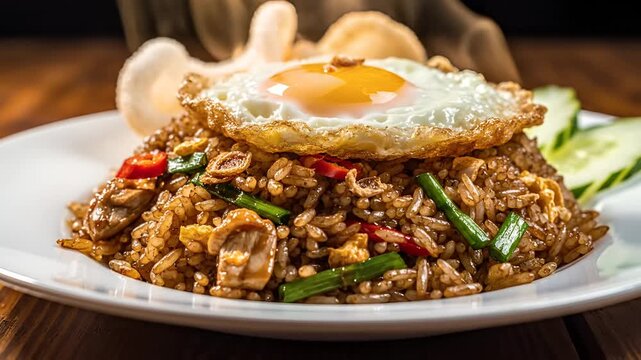 Delicious Nasi Goreng Indonesian Fried Rice with Fried Egg Topping.