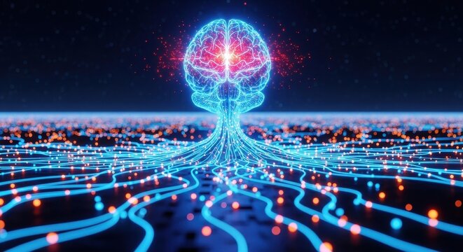 Digital representation of glowing human brain with neural network connections on dark background.