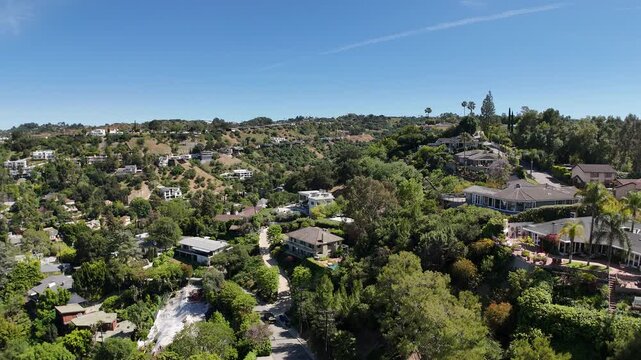 Aerial Drone Flyover Residential Neighborhood; Sherman Oaks, Southern California; USA 