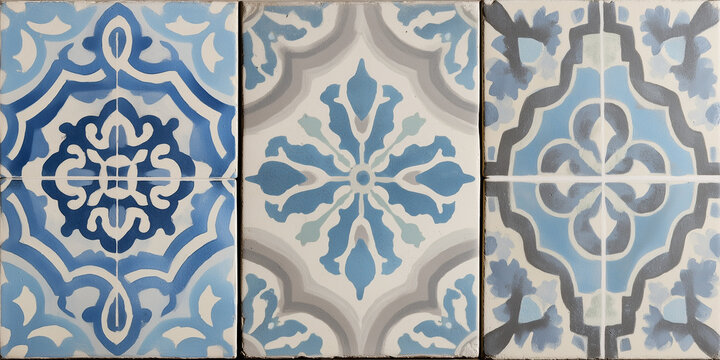  Vintage blue encaustic tile with ornate patterns and weathered finish.
