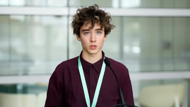 Young presenter smiling at podium in conference lobby