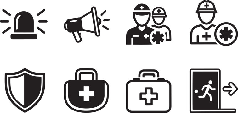 Emergency Response and Industrial Medical Safety Icon Set - Black Glyph Symbols