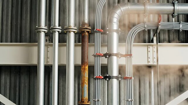 Industrial pipes and valves with steam factory infrastructure close up