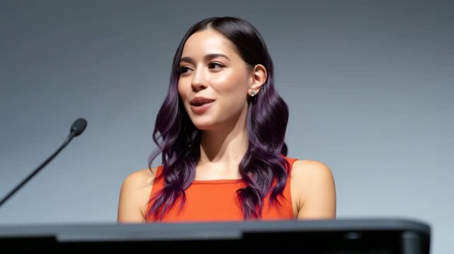 Young woman speaking at lectern in conference setting