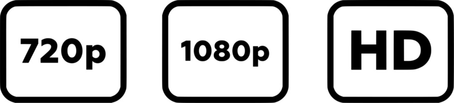 Video Resolution Icons Set, 720p 1080p HD Quality Labels for Media and Streaming