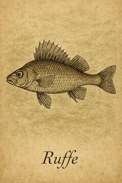 Classic zoological drawing of a spiny ruffe featuring intricate fin details