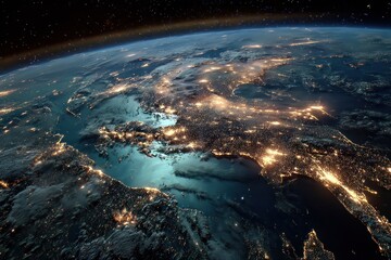 Fototapeta premium Nighttime Earth from Space: Glowing Urban Lights