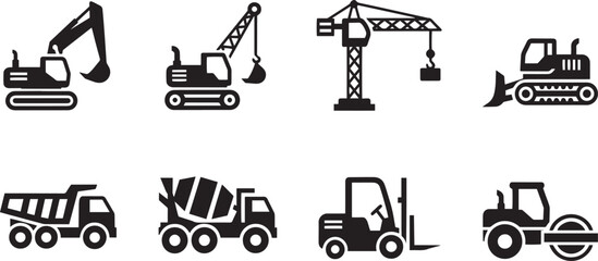 Heavy Construction Machinery and Industrial Vehicle Icon Set - Black Glyph Symbols © Abida Sultana 96
