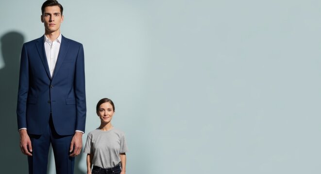 Man and Woman with Height Disparity Standing Together Against Soft Blue Background, Conceptual Diversity and Contrast
