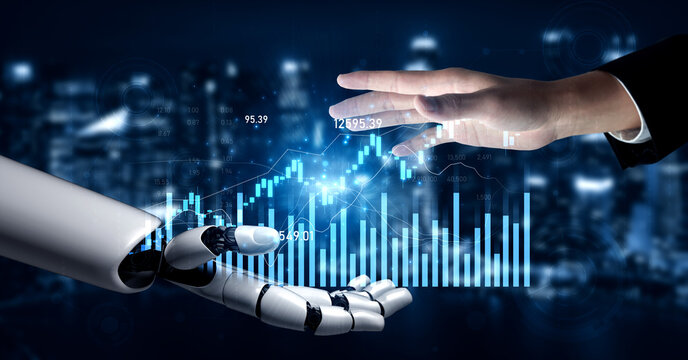Visual representation of a robotic hand and a human hand engaged in a partnership while displaying stock market data, symbolizing innovation in finance and technology. Scalp
