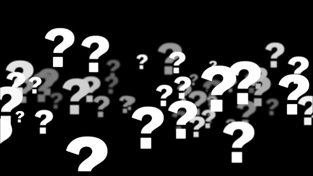 White question marks illustration on a black background. Abstract background perfect for concepts of uncertainty, FAQ, searching for answers, and mystery